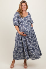 Navy Floral Tiered Puff Sleeve Maternity Plus Midi Dress