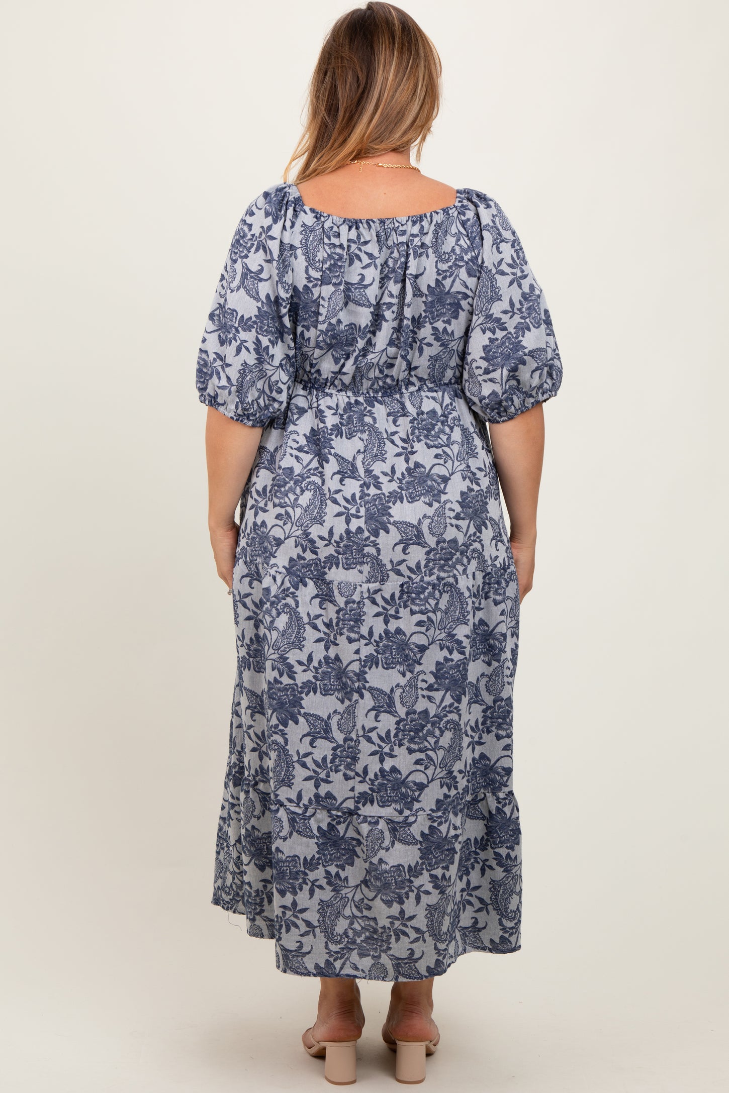 Navy Floral Tiered Puff Sleeve Maternity Plus Midi Dress