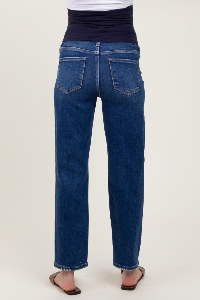 woman wearing dark blue maternity straight leg jeans, viewed from the back