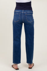 woman wearing dark blue maternity straight leg jeans, viewed from the back