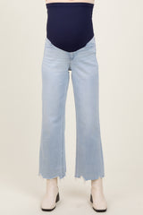 maternity wear light wash wide leg jeans with raw hem and supportive waistband