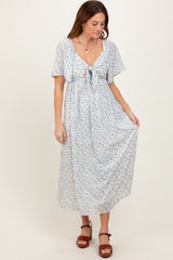 Blue Floral Front Tie Midi Dress
