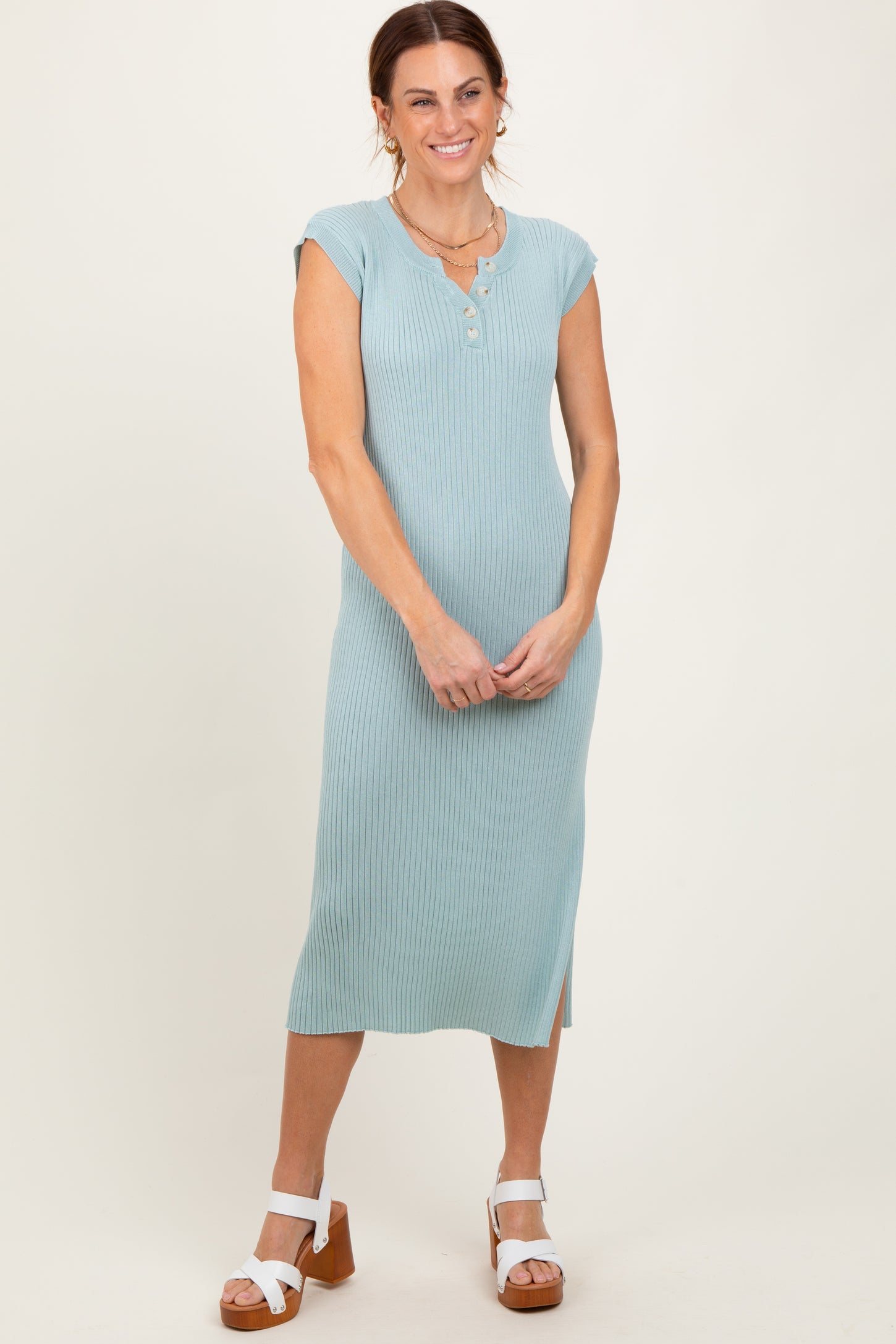 Light Olive Ribbed Knit Button Up Sleeveless Midi Dress