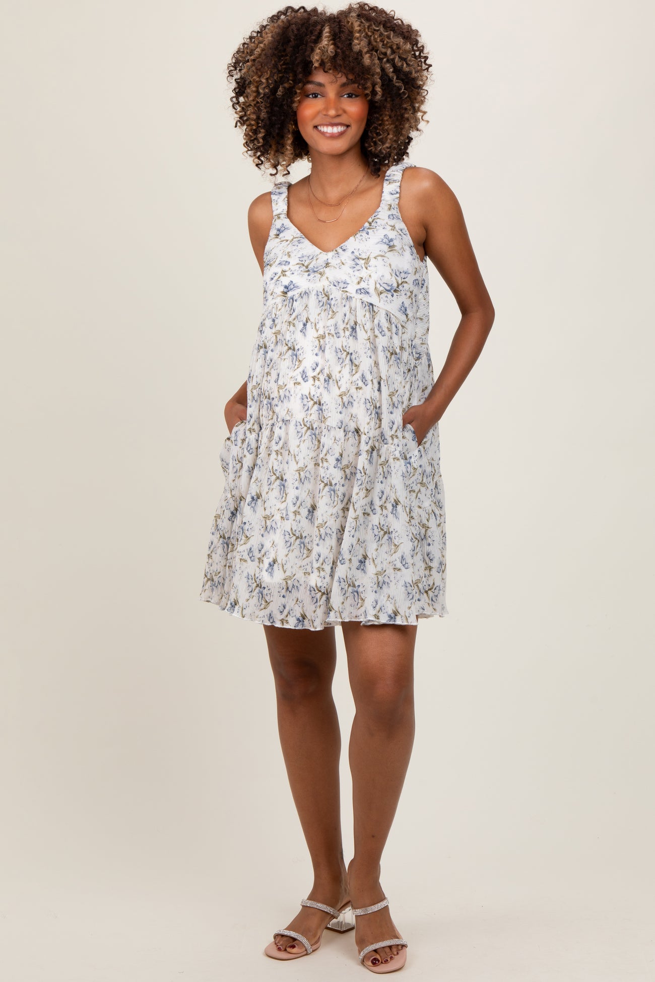 Blue Floral Plisse Texture Maternity Mini Dress