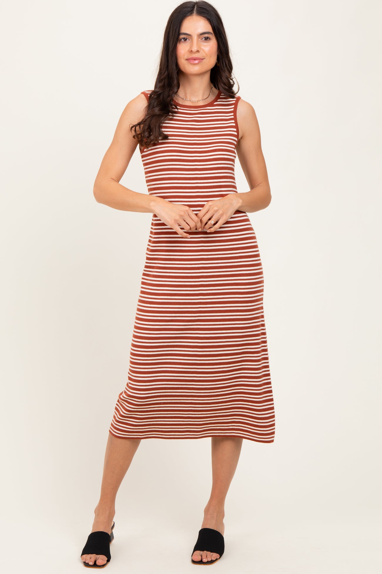 Rust Striped Knit Sleeveless Midi Dress