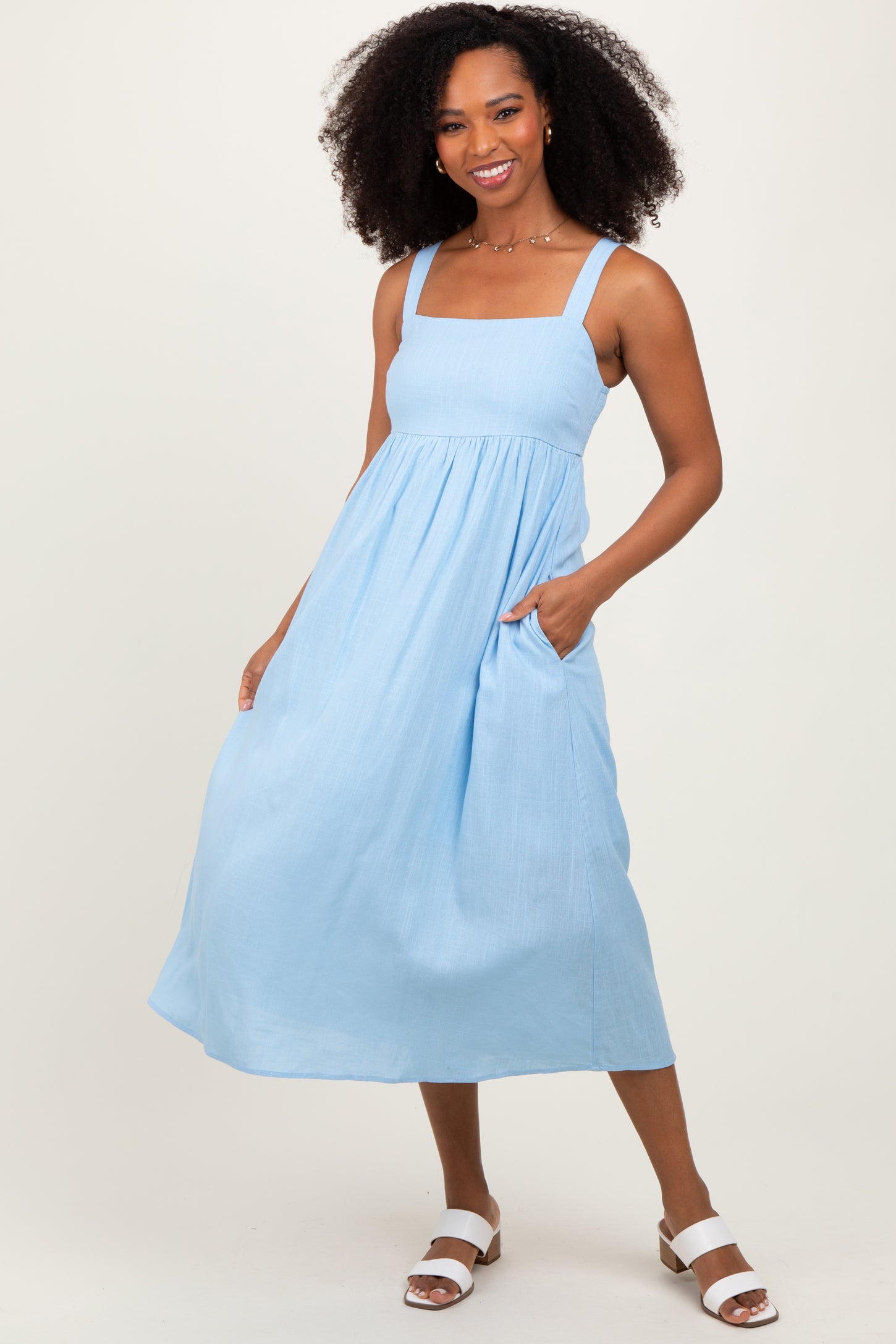 Blue Linen Blend Square Neck Maternity Midi Dress