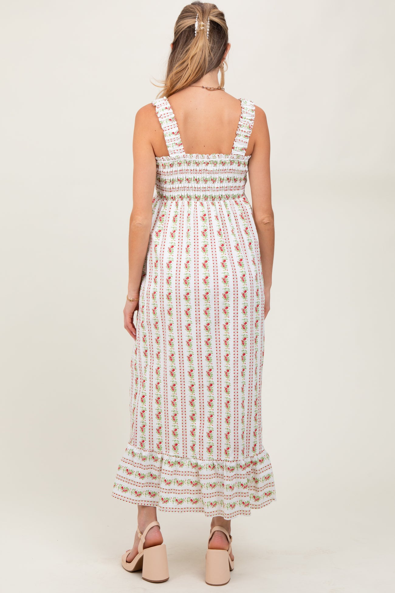 Red Floral Smocked Sleeveless Maternity Maxi Dress