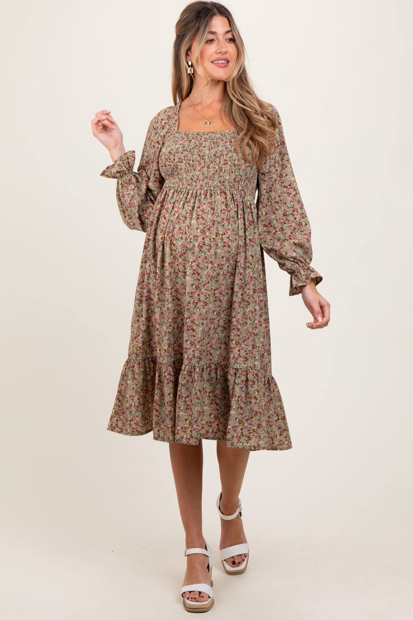 Olive Floral Smocked Velvet Back Tie Maternity Midi Dress