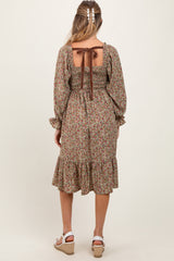 Olive Floral Smocked Velvet Back Tie Maternity Midi Dress