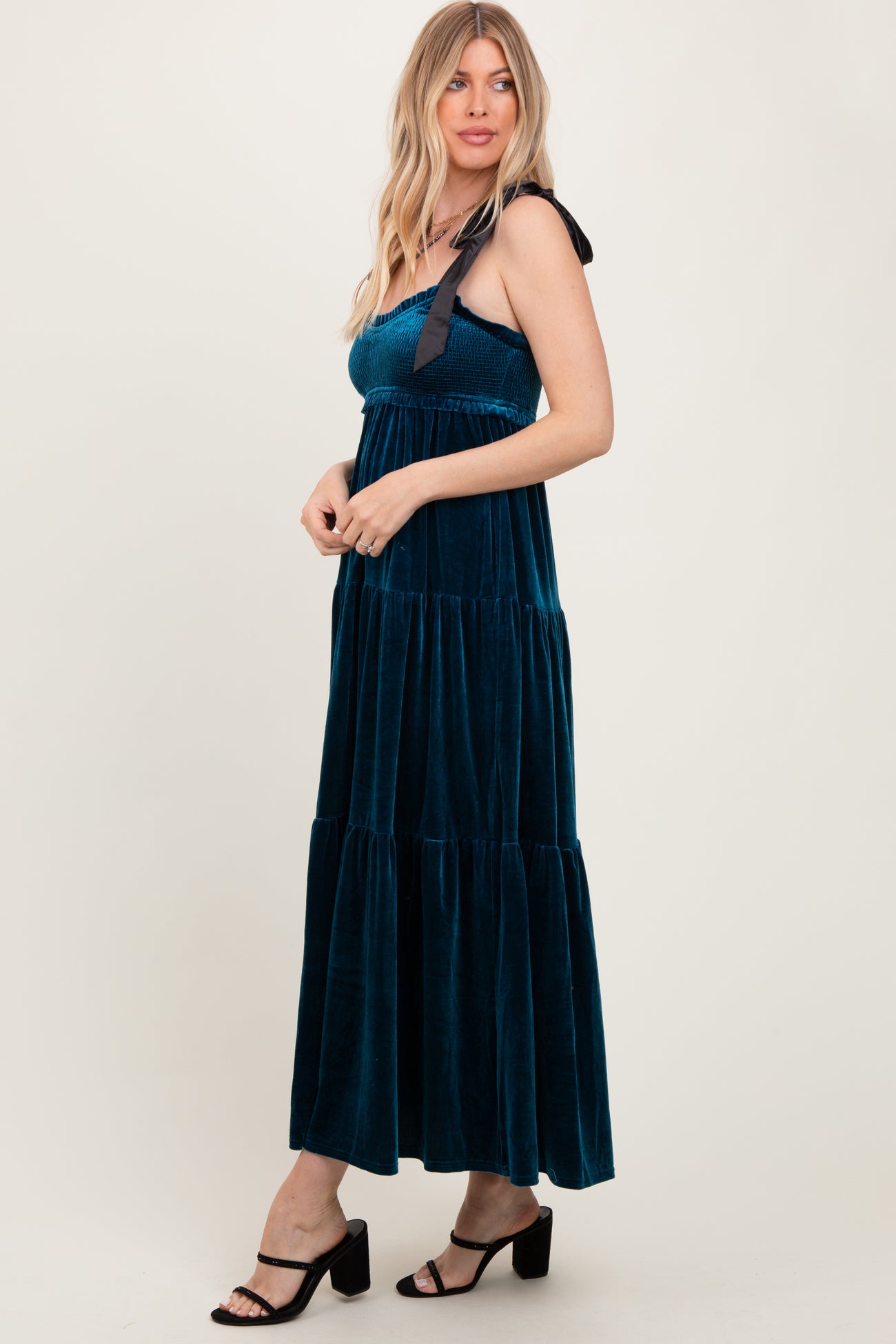 Deep Teal Velvet Smocked Satin Shoulder Tie Maxi Dress