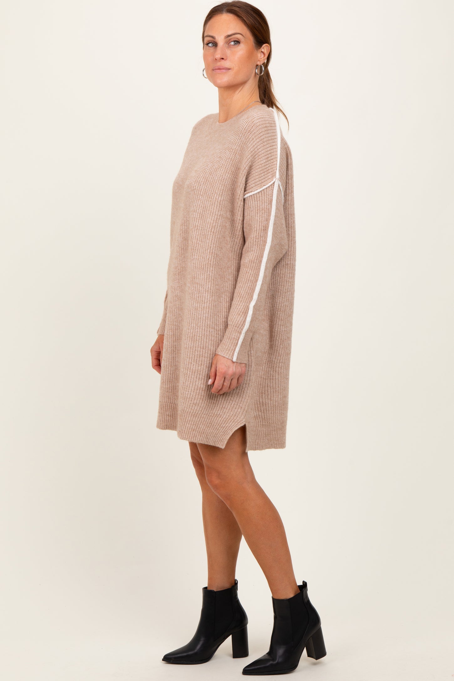 Beige Turtleneck Colorblock Contrast Trim Sweater Dress