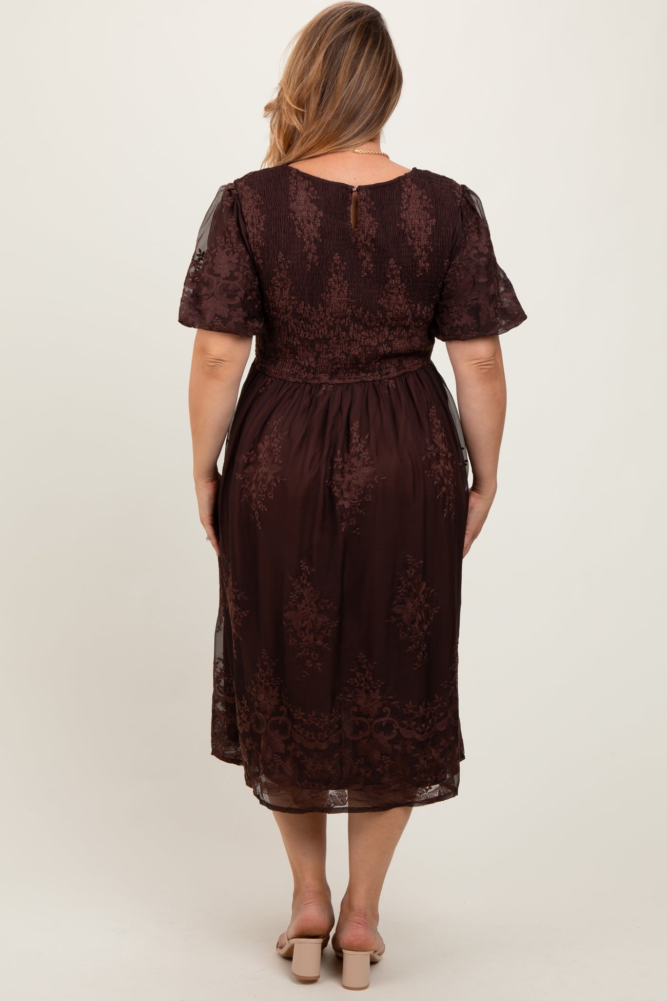 Brown Floral Embroidered Mesh Overlay Smocked Maternity Plus Midi Dress