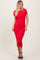 woman wearing a red fitted midi dress with short sleeves and gathered detail at the neckline