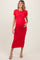 woman wearing a red short sleeve maternity dress with ruching and a visible baby bump