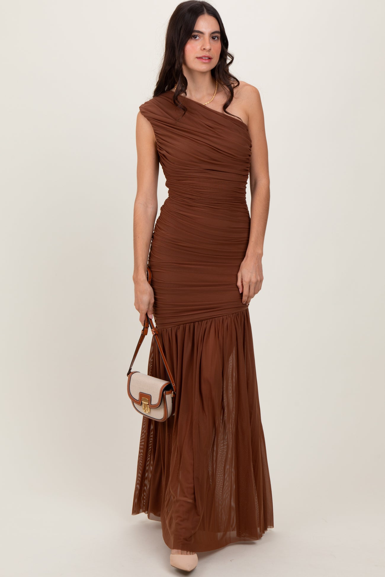 Mocha Ruched Mesh One Shoulder Maternity Maxi Dress