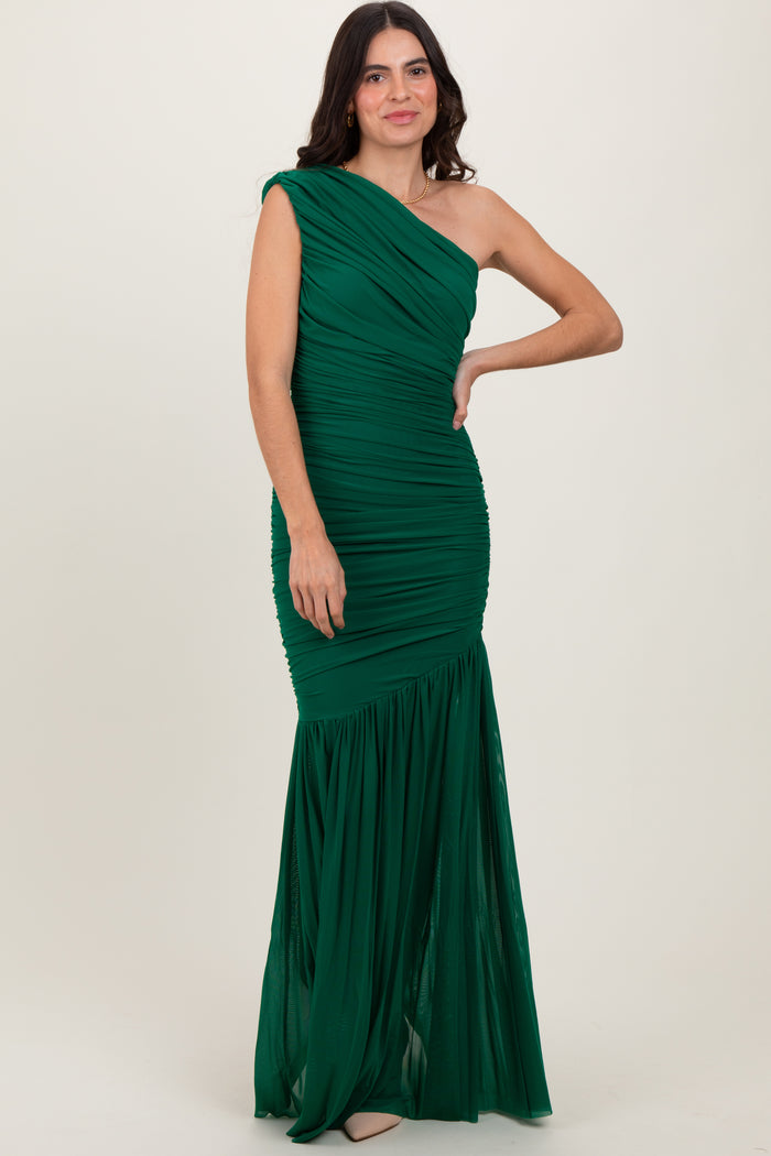 Forest Green Ruched Mesh One Shoulder Maternity Maxi Dress