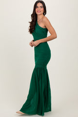 Forest Green Ruched Mesh One Shoulder Maxi Dress