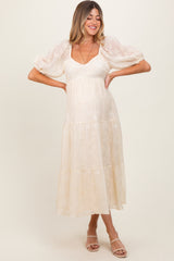 Ivory Embroidered Floral Overlay Maternity Midi Dress