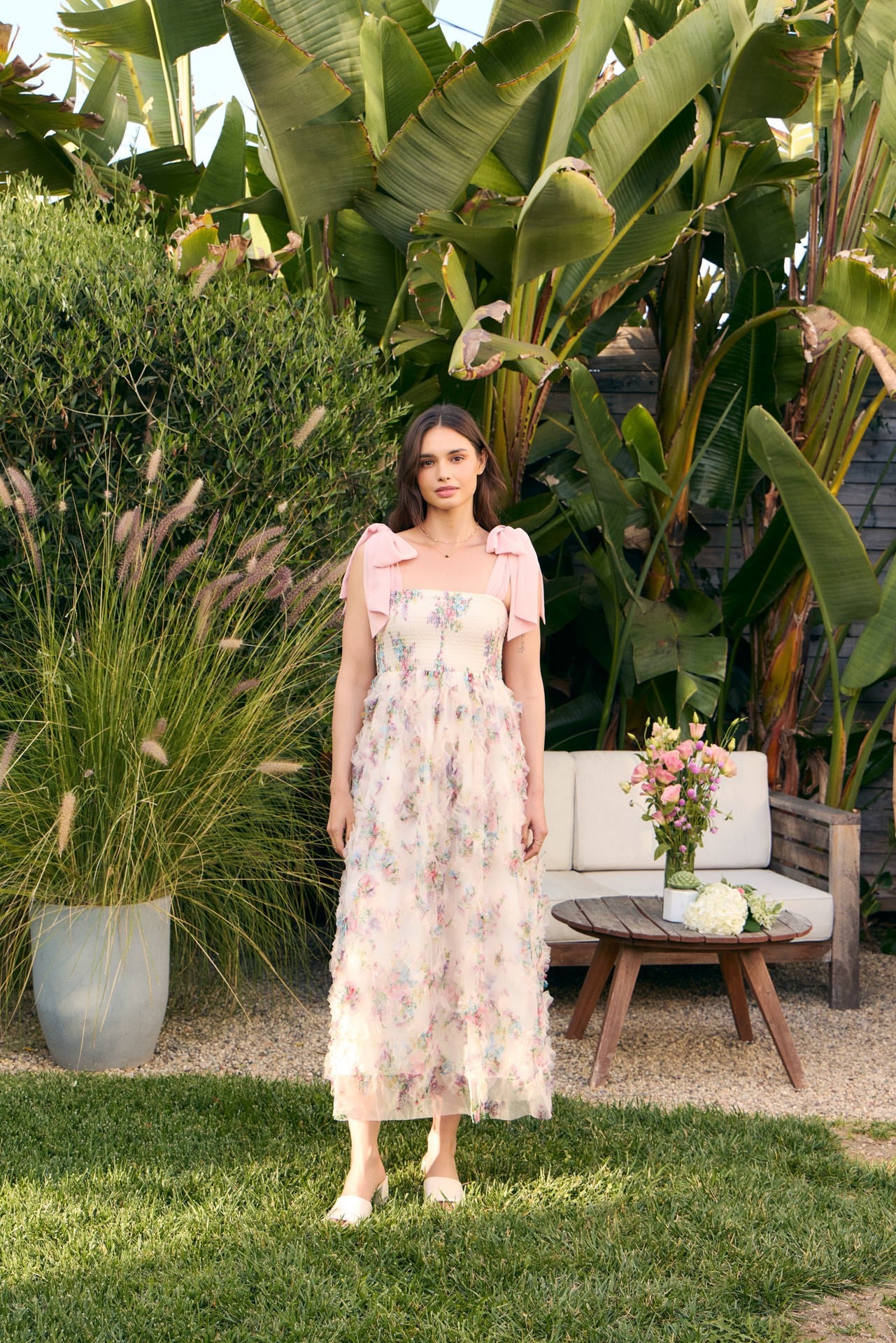 Cream Floral Smocked Shoulder Tie Ruffled Midi Dress