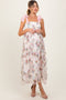 Cream Floral Smocked Shoulder Tie Ruffled Maternity Midi Dress
