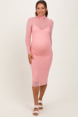 Coral Mesh Overlay Fitted Maternity Midi Dress