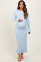 Light Blue Ribbed Knit Bow Back Maternity Maxi Dress