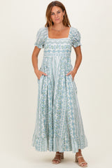 Light Blue Floral Puff Sleeve Lace Trim Maxi Dress