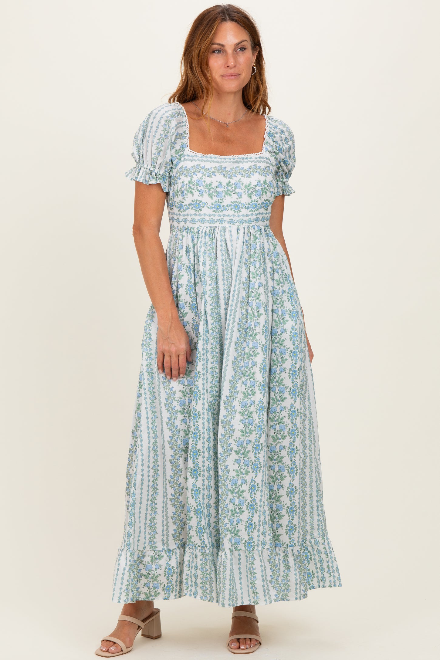 Light Blue Floral Puff Sleeve Lace Trim Maxi Dress