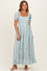 Light Blue Floral Puff Sleeve Lace Trim Maxi Dress