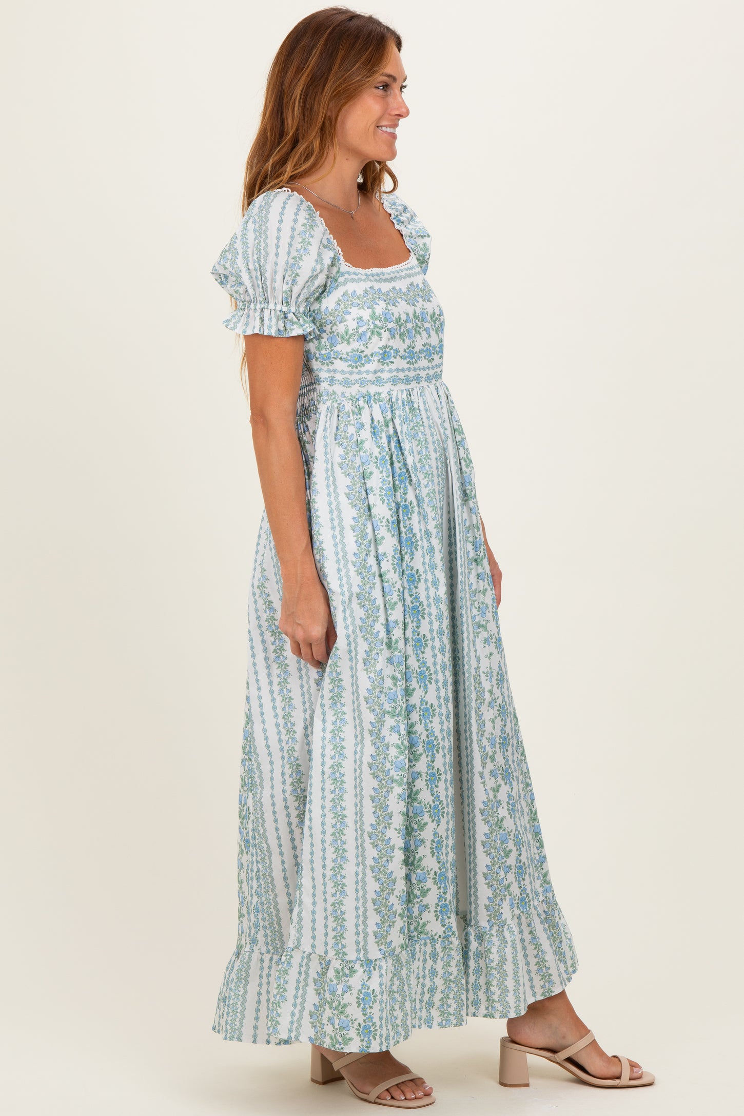 Light Blue Floral Puff Sleeve Lace Trim Maxi Dress