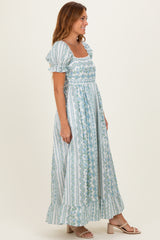 Light Blue Floral Puff Sleeve Lace Trim Maxi Dress