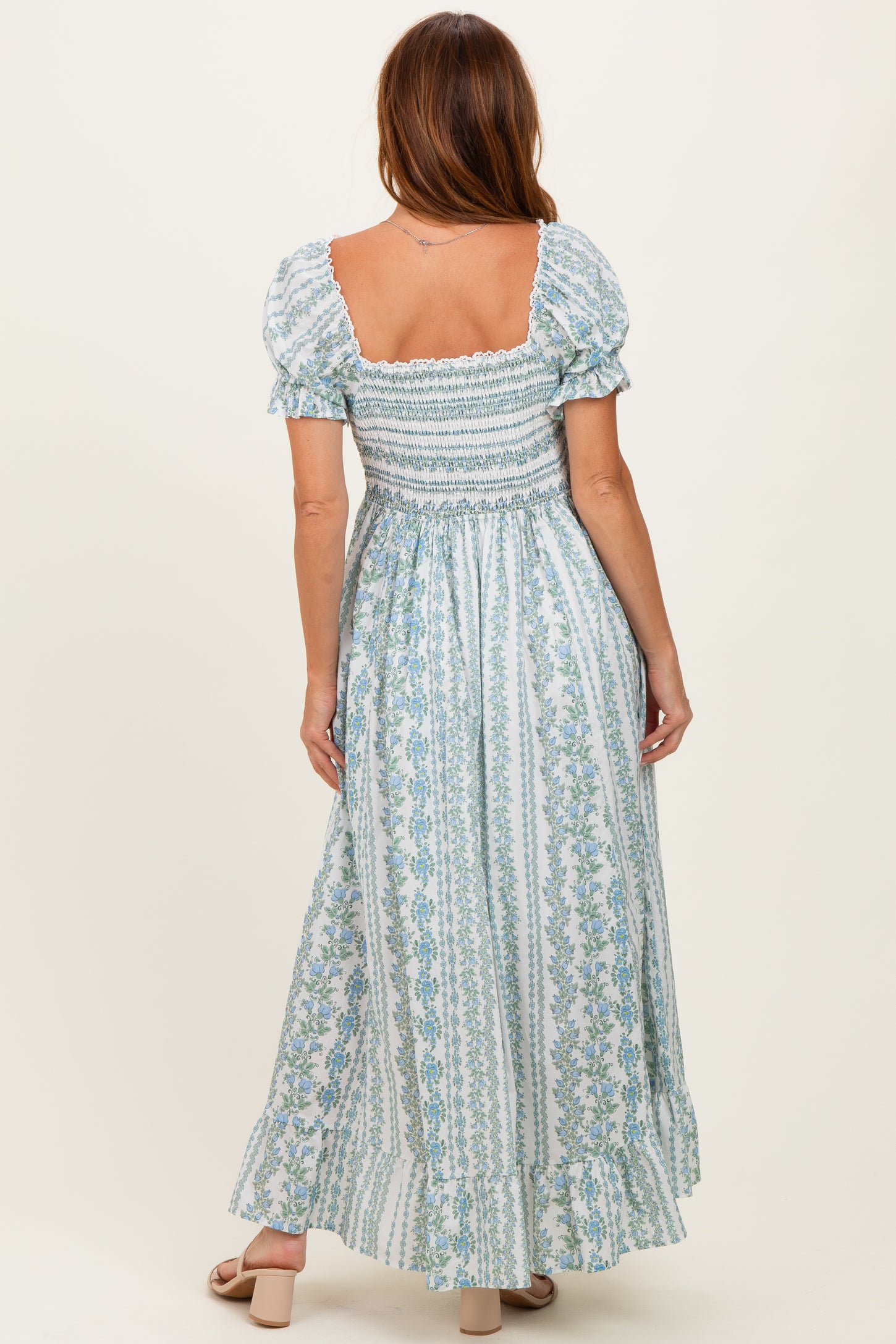 Light Blue Floral Puff Sleeve Lace Trim Maxi Dress