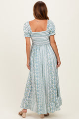 Light Blue Floral Puff Sleeve Lace Trim Maxi Dress