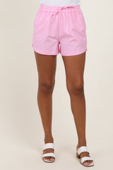 Pink Striped Round Hem Drawstring Shorts