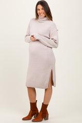 Beige Turtleneck Side Slit Maternity Midi Sweater Dress