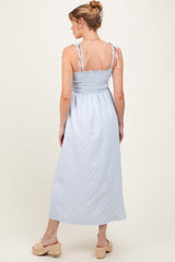 Blue Striped Shoulder Tie Smocked Maternity Maxi Dress