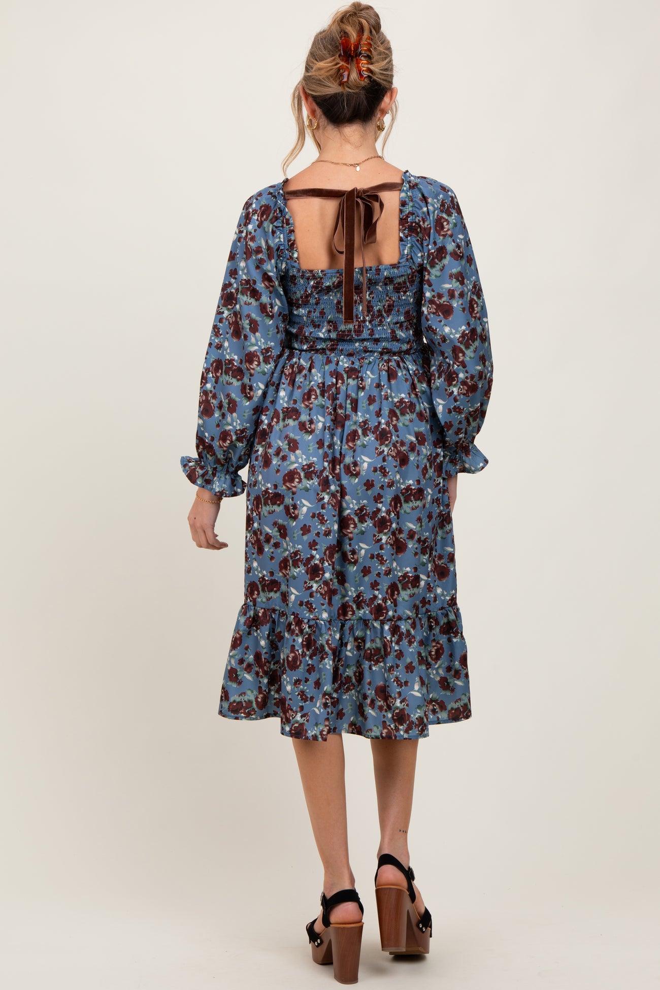 Blue Rose Smocked Velvet Bow Tie Maternity Midi Dress