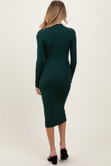 Forest Green Ribbed Knit Mock Neck Long Sleeve Maternity Midi Dress