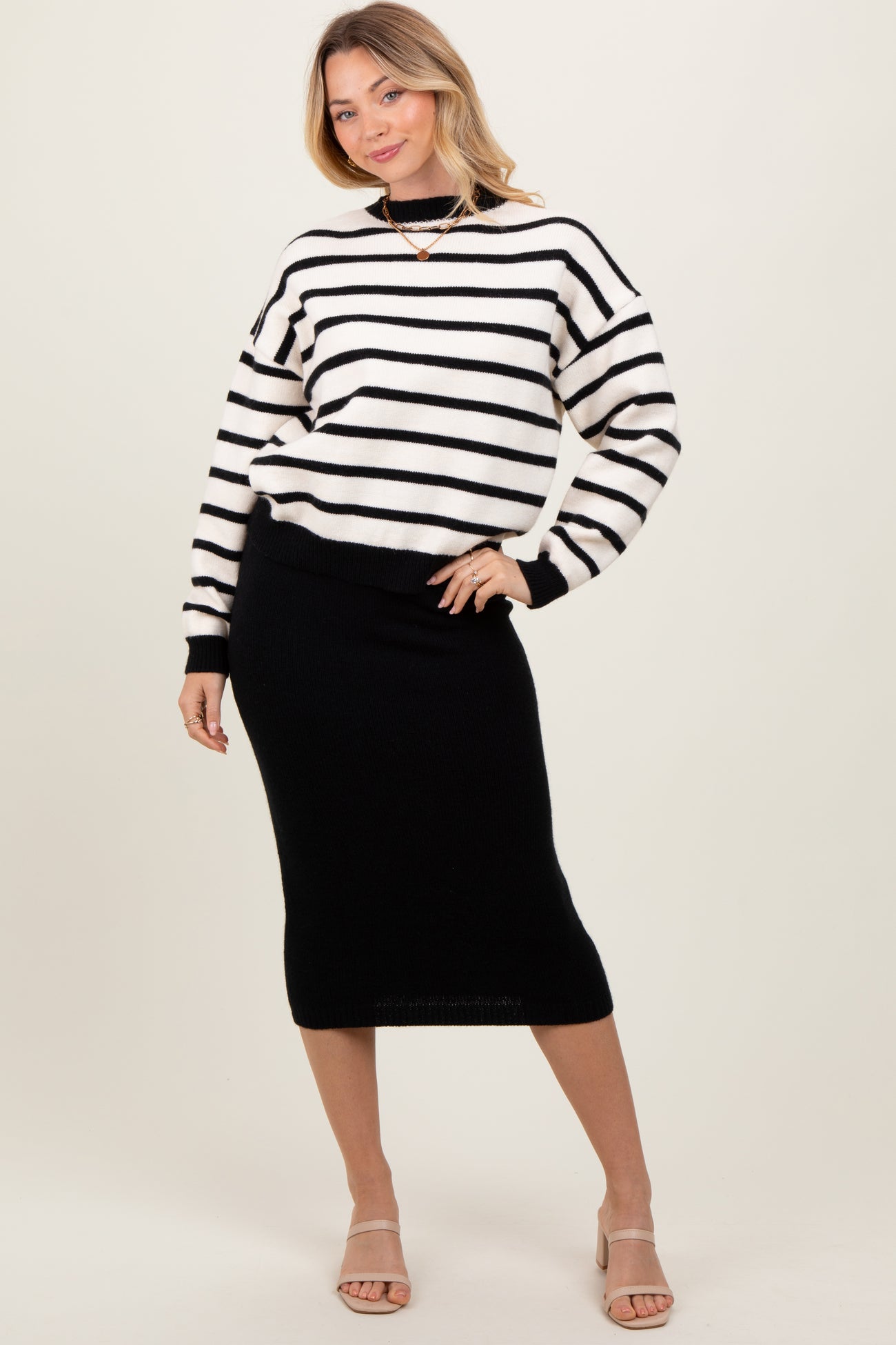 Black White Combo Stripe Sweater Top With Solid Skirt Sweater Set