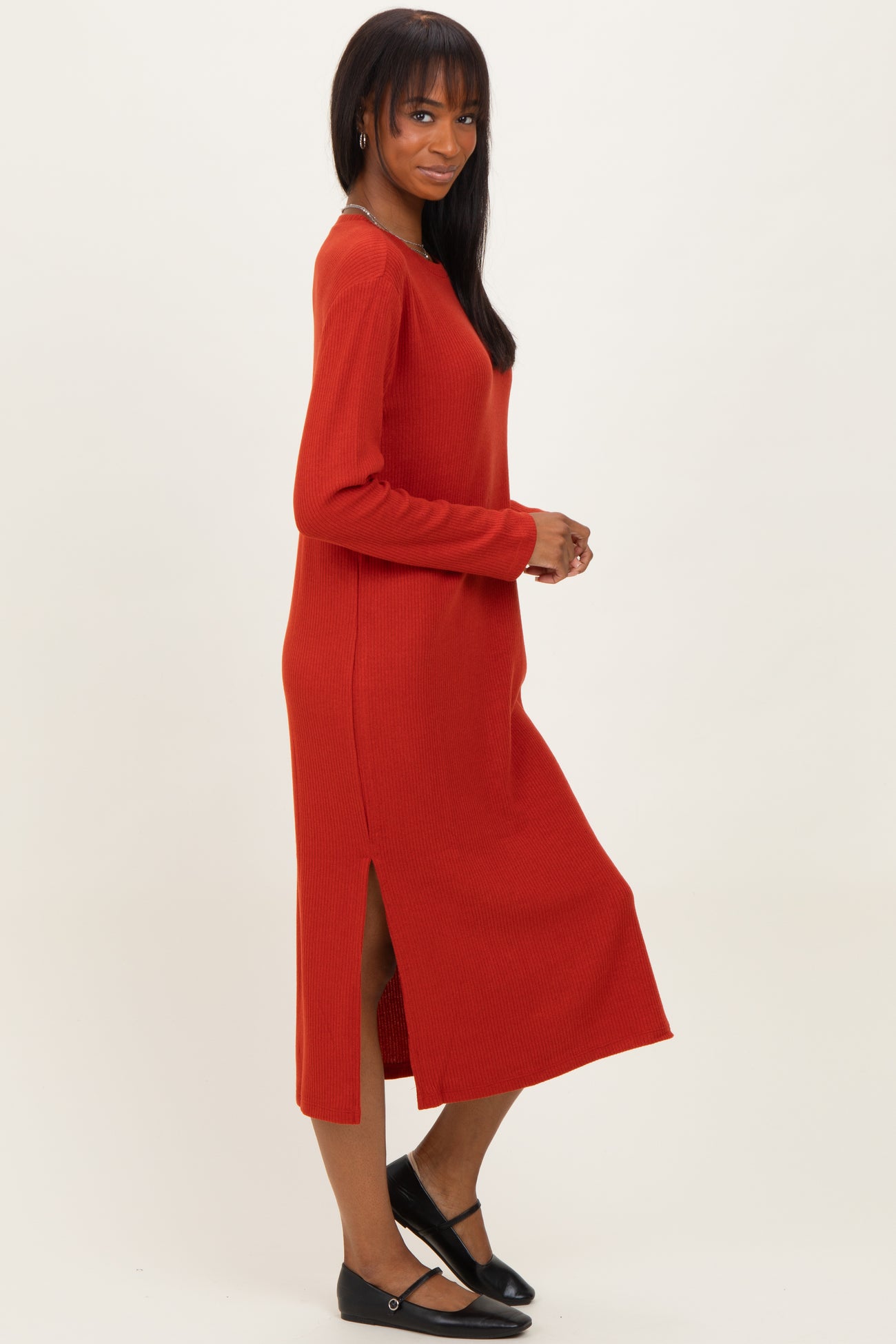 Coral Ribbed Knit Long Sleeve Side Slit Midi Dress