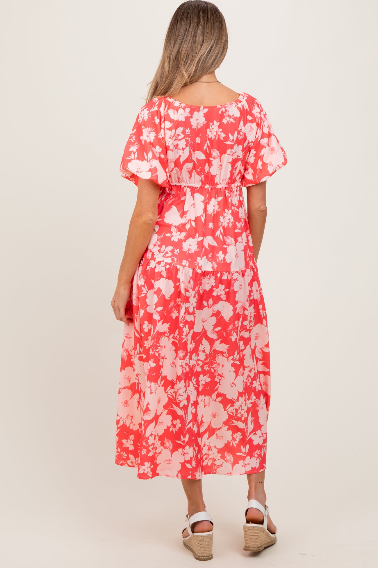 Coral Bubble Short Sleeve Maternity Maxi Dress W/ Side Pocket