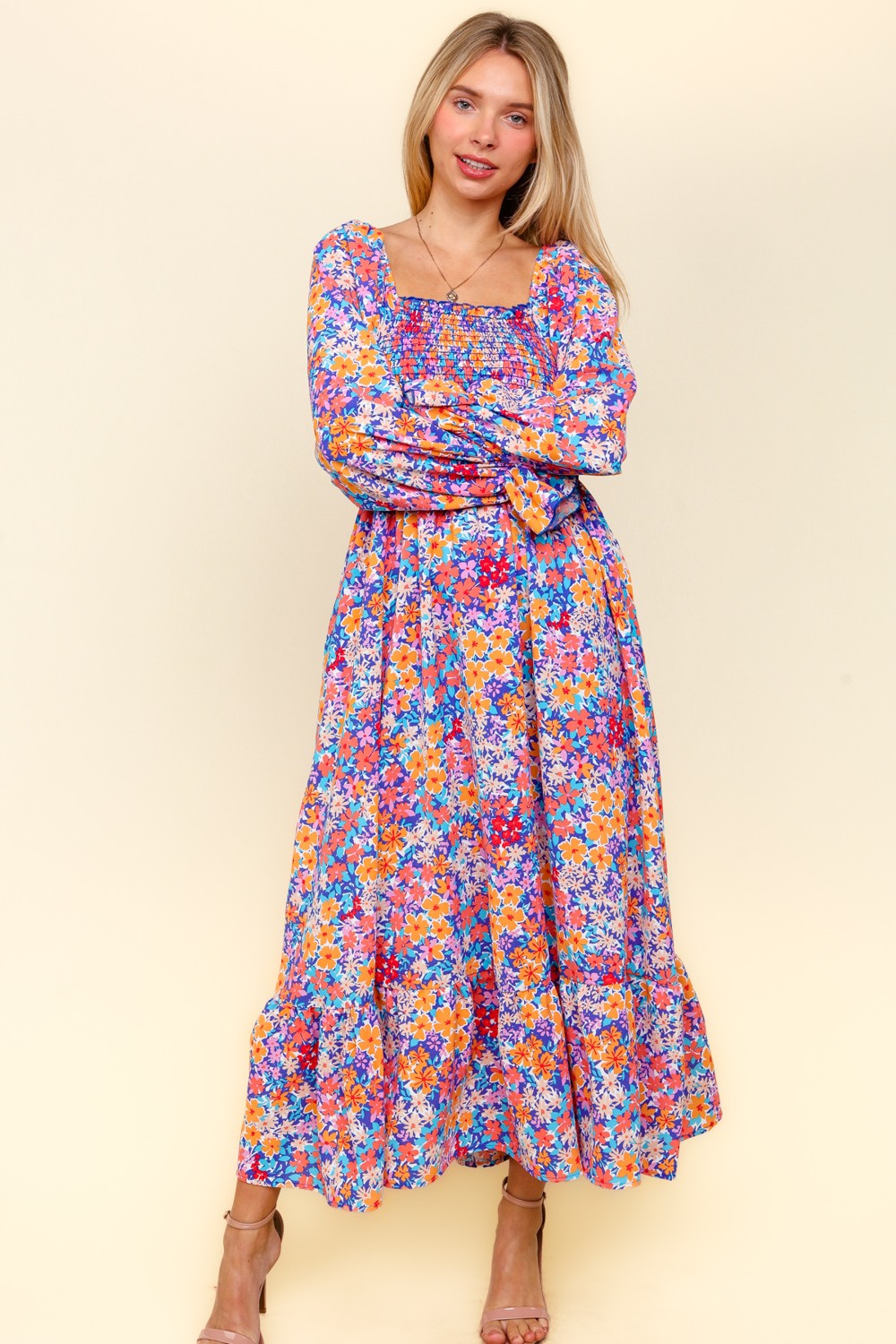 Lavender/Coral Smocking Fit And Flare Maxi With Side Pockets