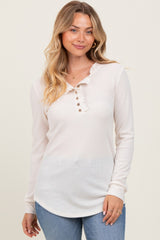 Cream Ruffle Collar Micro Waffle Knit Maternity Henley Top