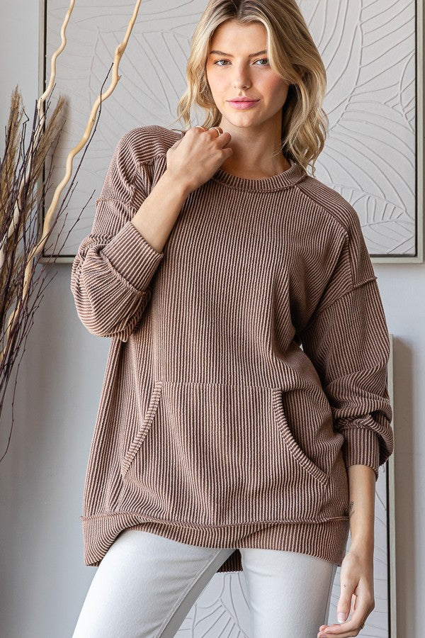 Mocha Ribbed Knit Front Pocket Maternity Pullover