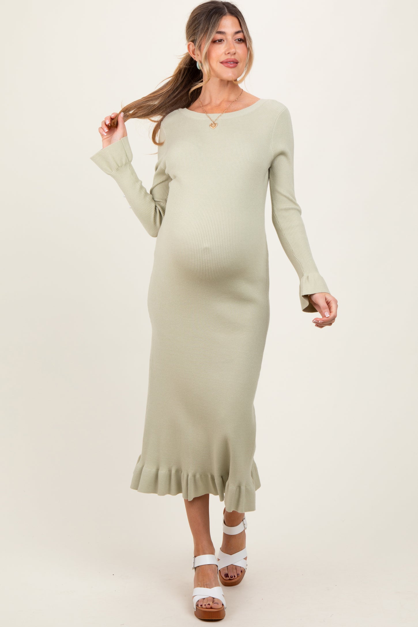 Light Olive Ribbed Knit Bow Back Maternity Maxi Dress