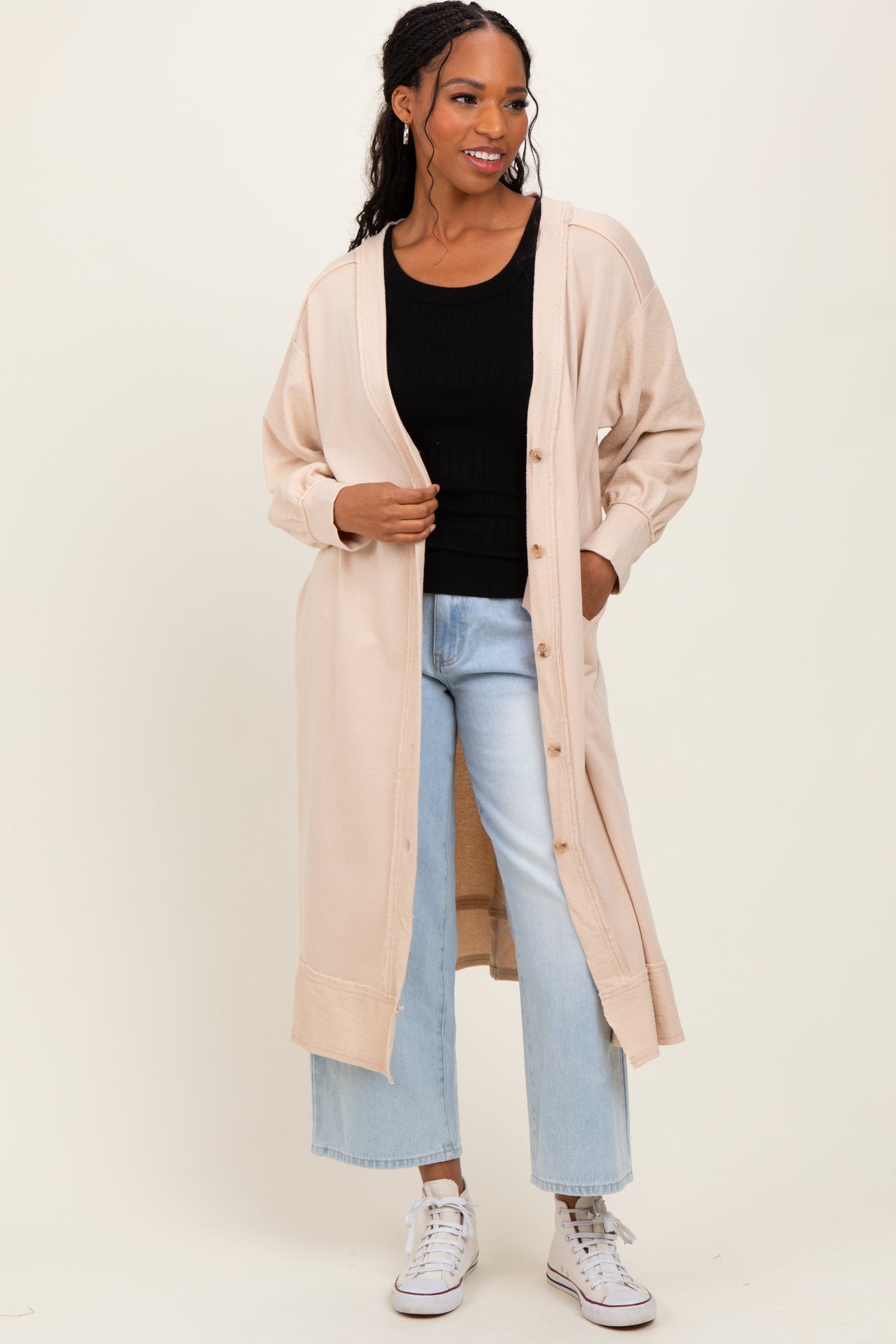 Cream Button Down Long Cardigan
