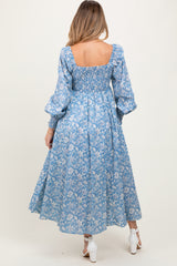 Light Blue Smocked Cotton Floral Maternity Maxi Dress