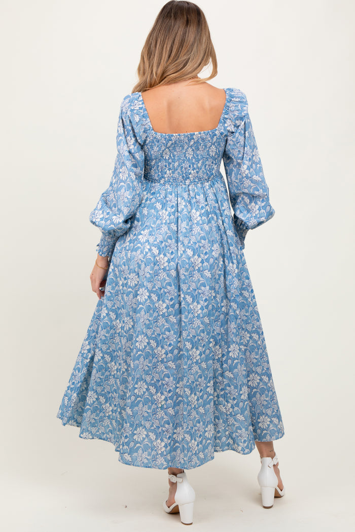 Light Blue Smocked Cotton Floral Maternity Maxi Dress