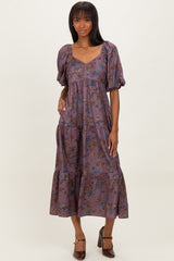 Dark Mauve Floral Bubble Sleeve Tiered Maxi Dress