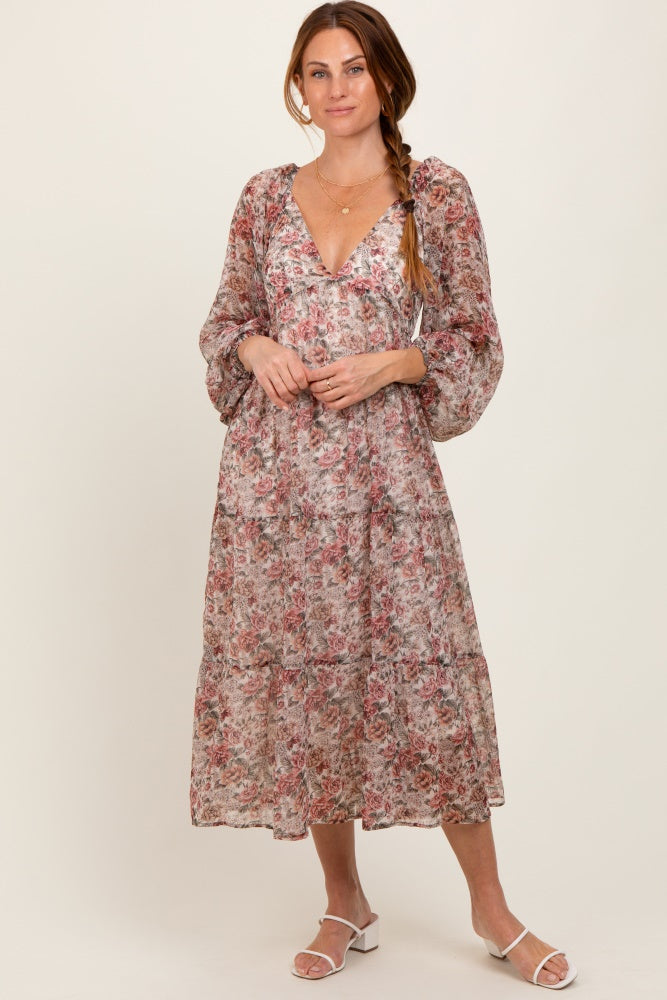 Cream Floral Deep V-Neck Tiered Maternity Maxi Dress
